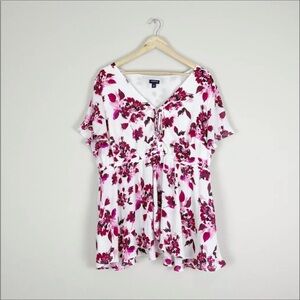 Torrid White and Pink Ruffled Tie Front Blouse